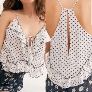 Free People White Ruffle Racerback Tank with Navy Polka Dots Deep Back